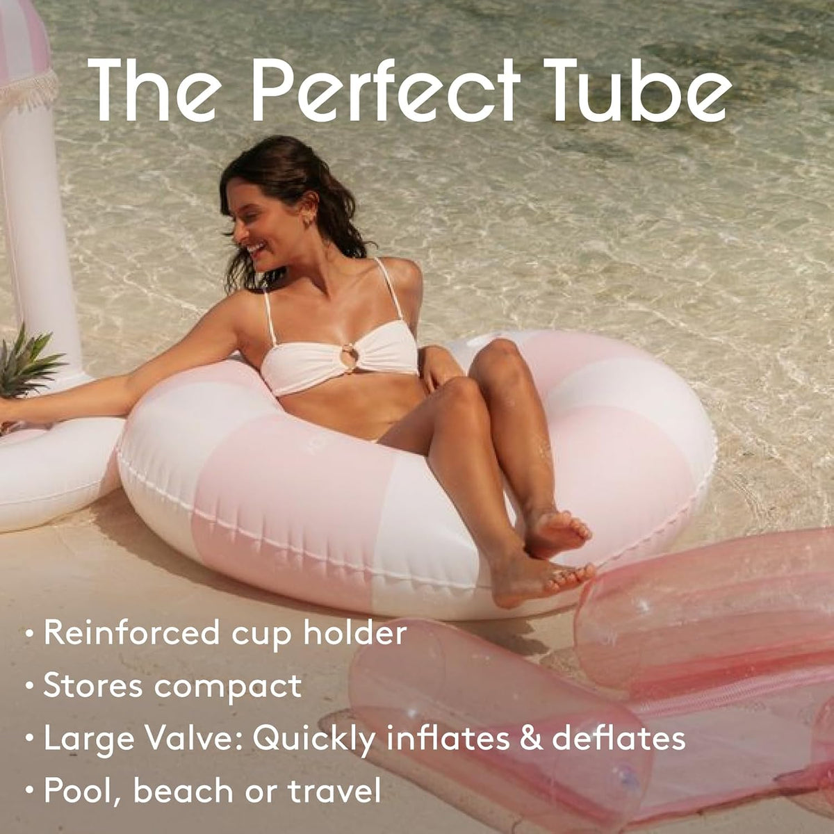 FUNBOY Giant 46" Vintage Pink Stripe Pool Tube Float with Cup Holder – Fun for Kids & Family - Pink - image 3