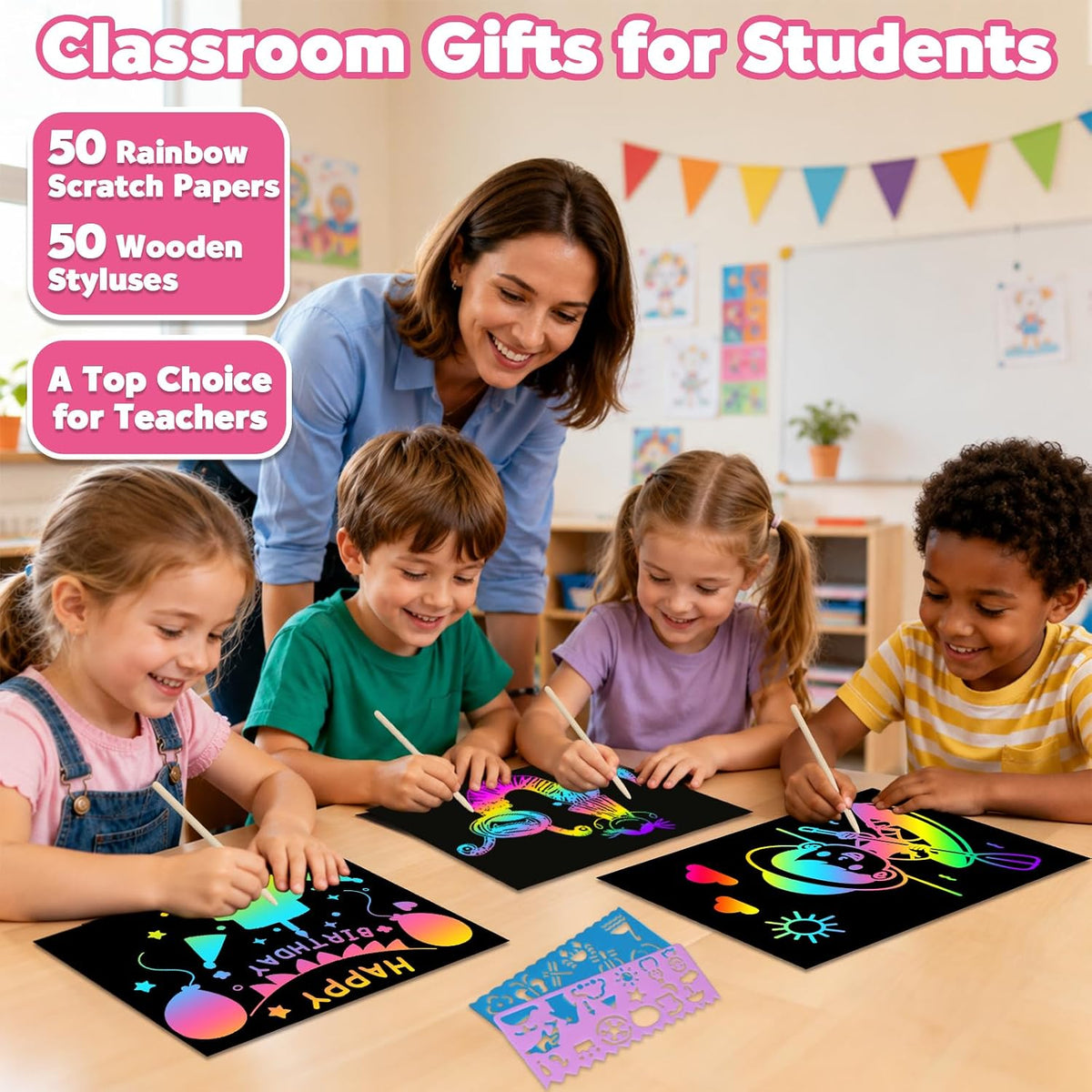 ZMLM 100Pcs Rainbow Scratch Paper Art Gifts - Pink / 7.2 x 5 inch - image 4