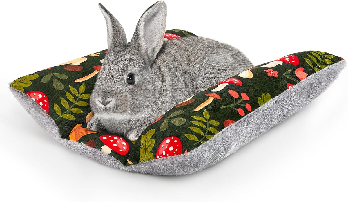 15"x14" Soft Plush Rabbit Bed Washable Cuddle Mat for Small Pets – Daily Care for Small Pets - Green Mushrooms / Medium