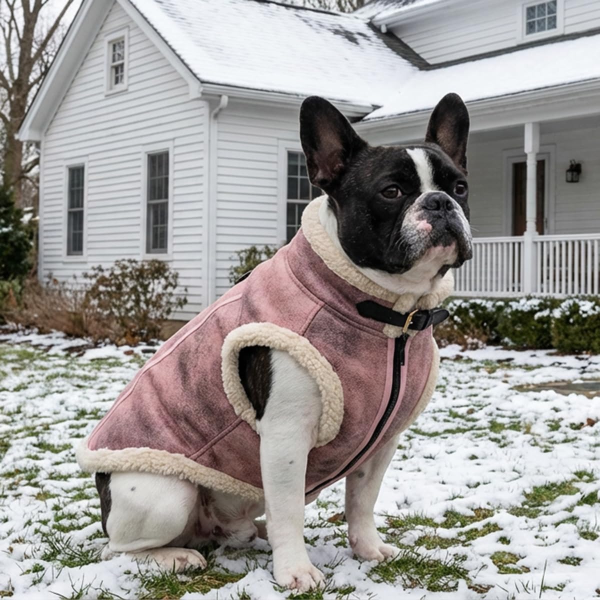 Retro Aviator Dog Jacket – Faux Leather Winter Coat with Plush Sherpa Fleece Lining for Bulldog - Pink / X-Large - image 3