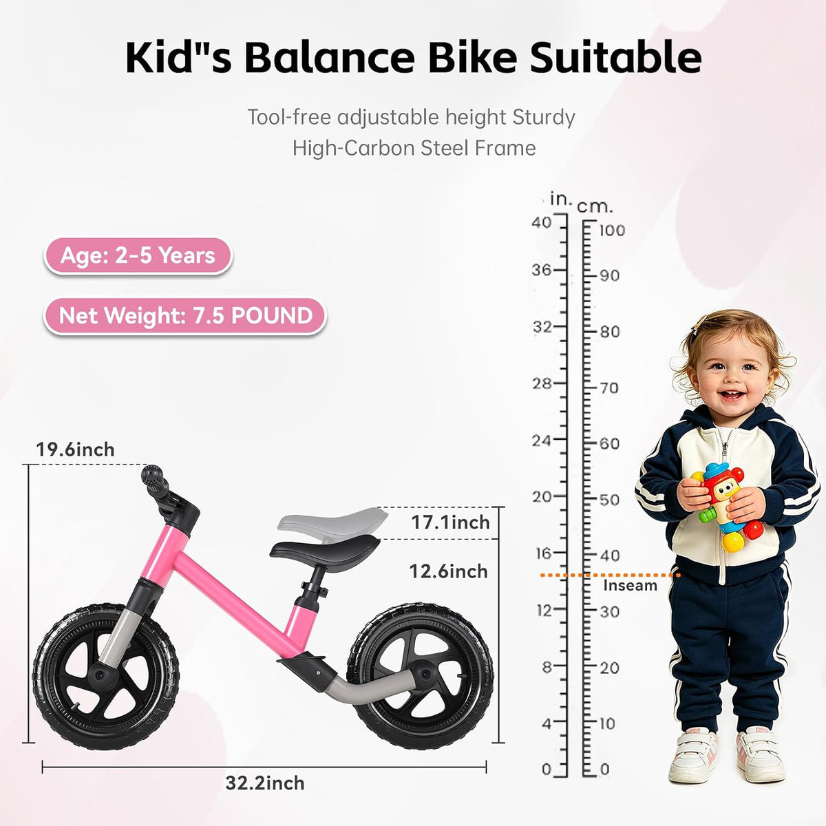 Toddler Balance Bike for 3-5 Year Old 12” No Pedal Training Bike Toys - Bk271-pink - image 2