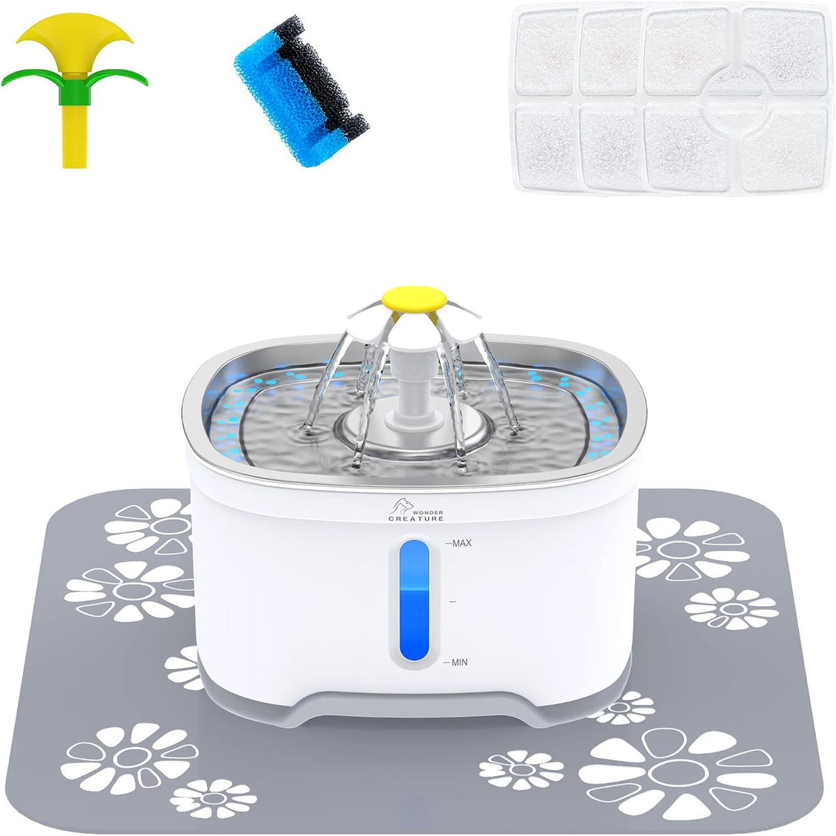 Wonder Creature Cat Water Fountain Stainless Steel Lid 81oz/2.4L-3 - Rectangle Fountain+3 Filters+1 Mat