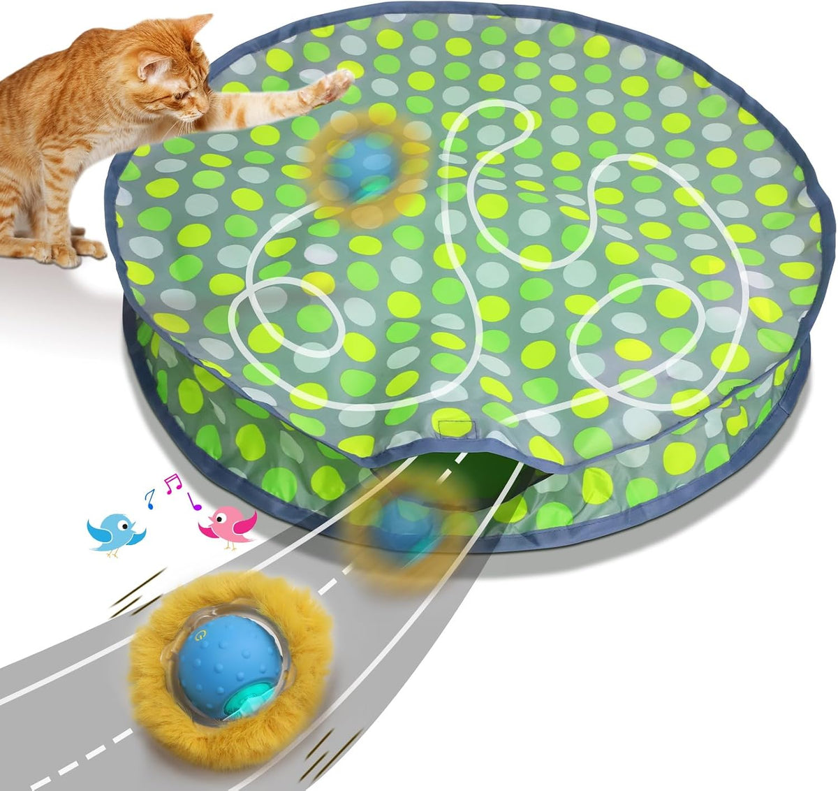 Giociv Interactive Cat Toys Ball Fast Rolling in Pouch - Green polka dot