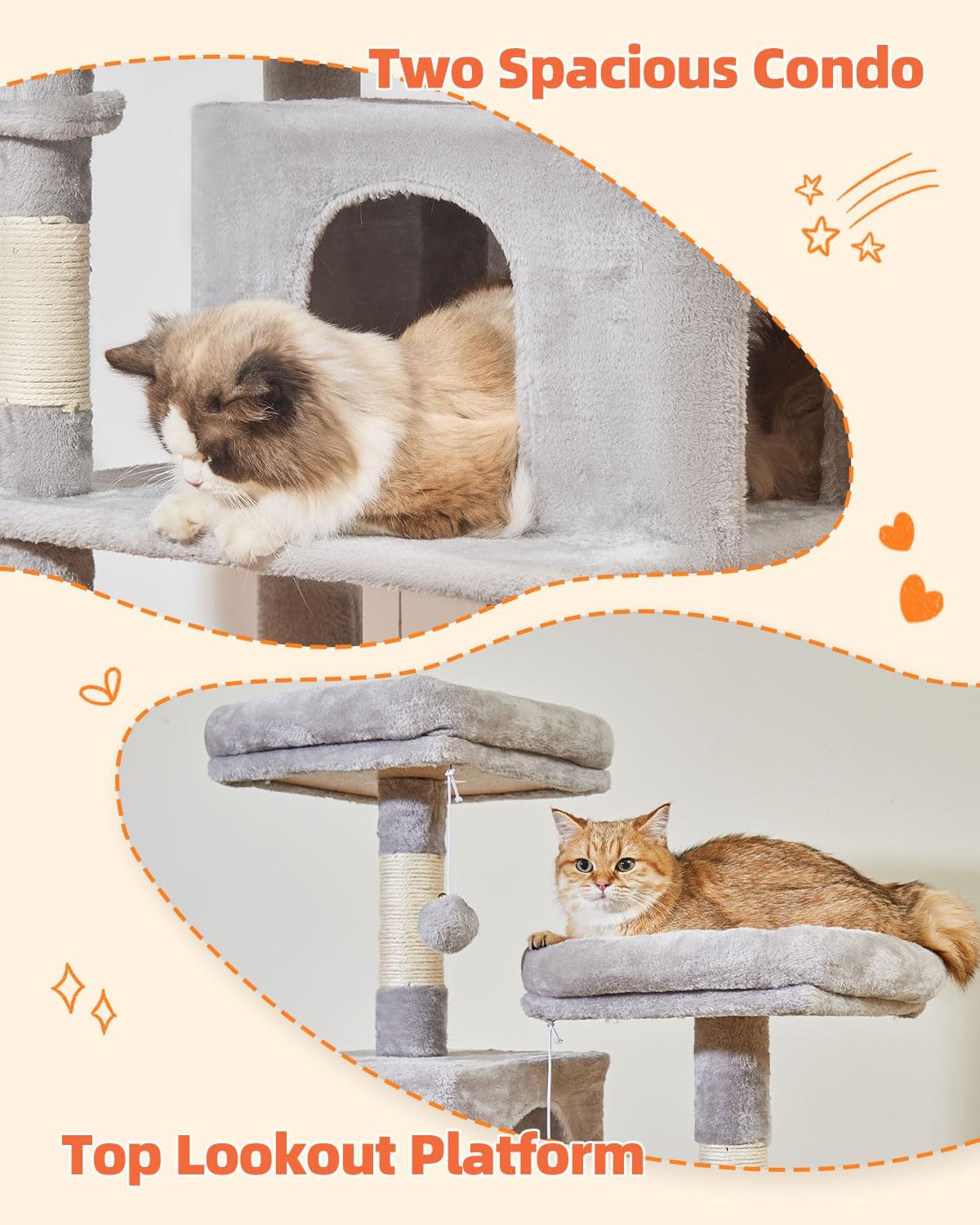 Taoqimiao Cat Tree, 67 in Tall Cat Tower with 2 Plush Cat Condos – Essentials for Cats - 67 inches / Light Gray - image 3