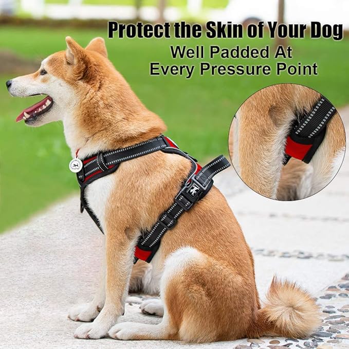 PoyPet No Pull Dog Harness, Reflective Comfortable Vest Harness with Front & Back 2 Leash Attachments and Easy Control Handle Adjustable Soft Padded Pet Vest for Small to Large Dogs (Red,M)