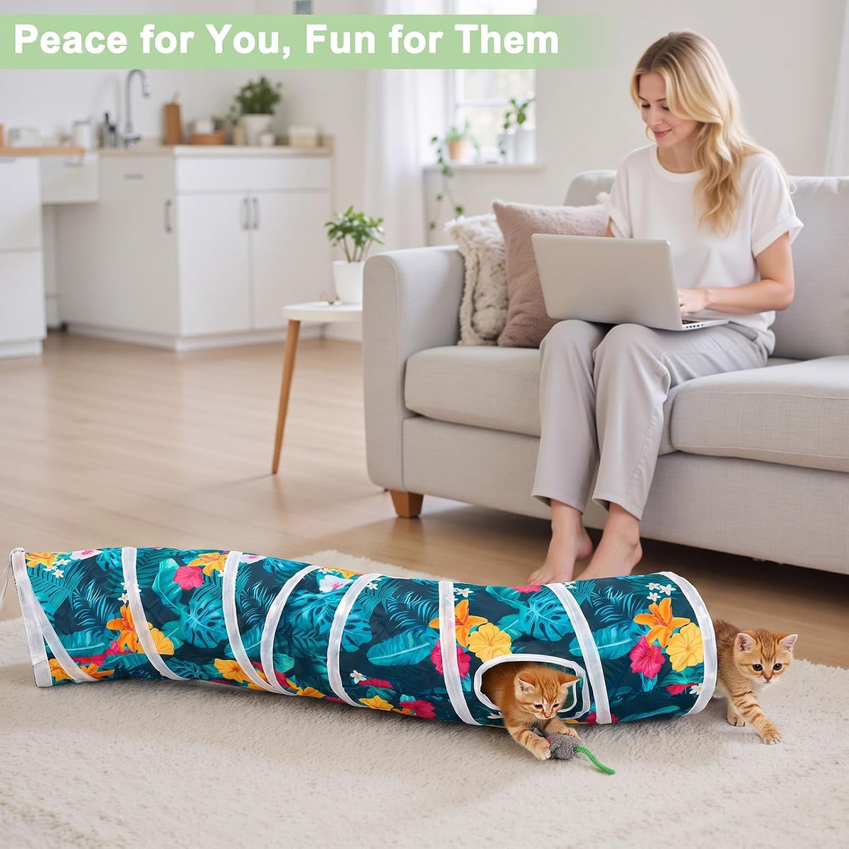 Glittme Cat Tunnel, Cat Tunnels for Indoor Cats - Dark Teal Tropical - image 2
