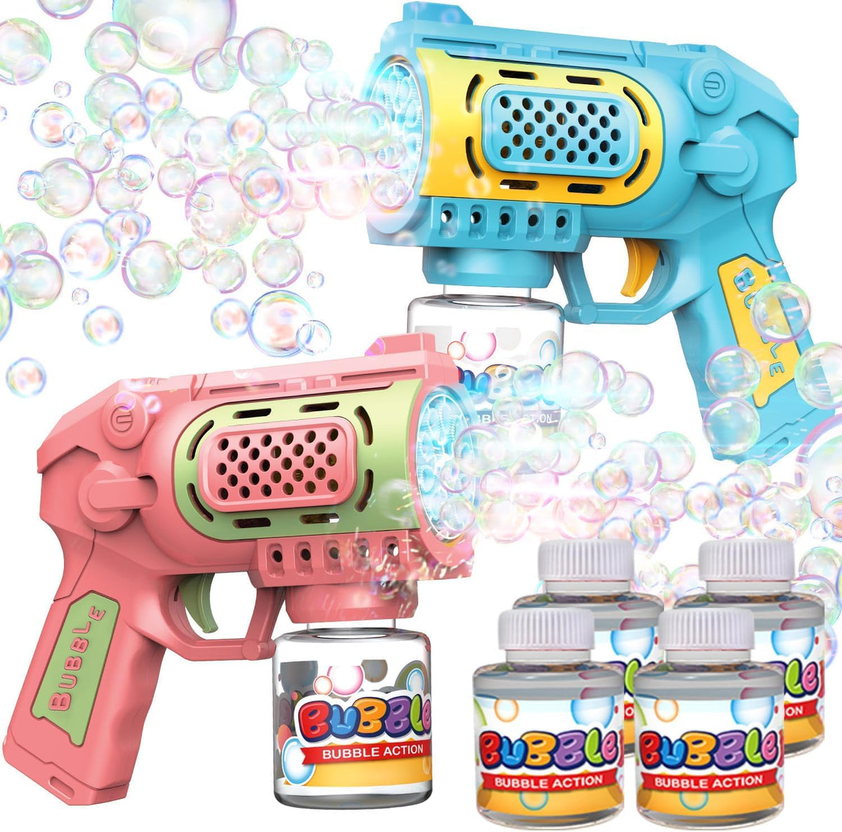 EagleStone 2 Packs Automatic Bubble Machine Guns with 4 Bottles - Pink,blue