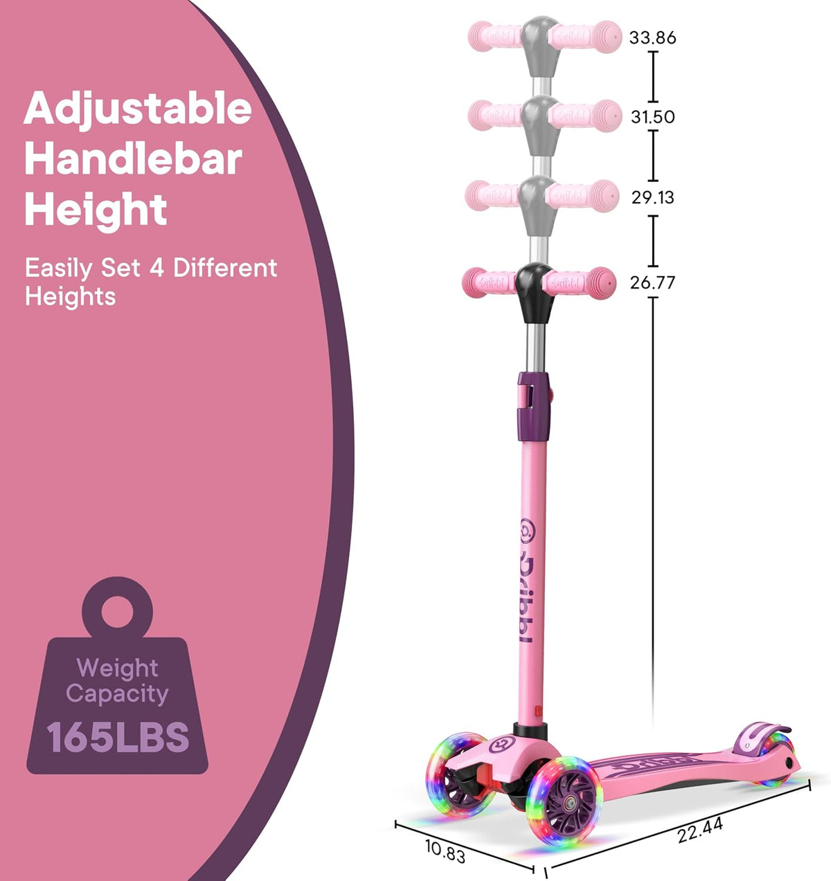 Dribbl 3-Wheel Kids Scooter, Lean-to-Steer Technology - Purple & Pink - image 4