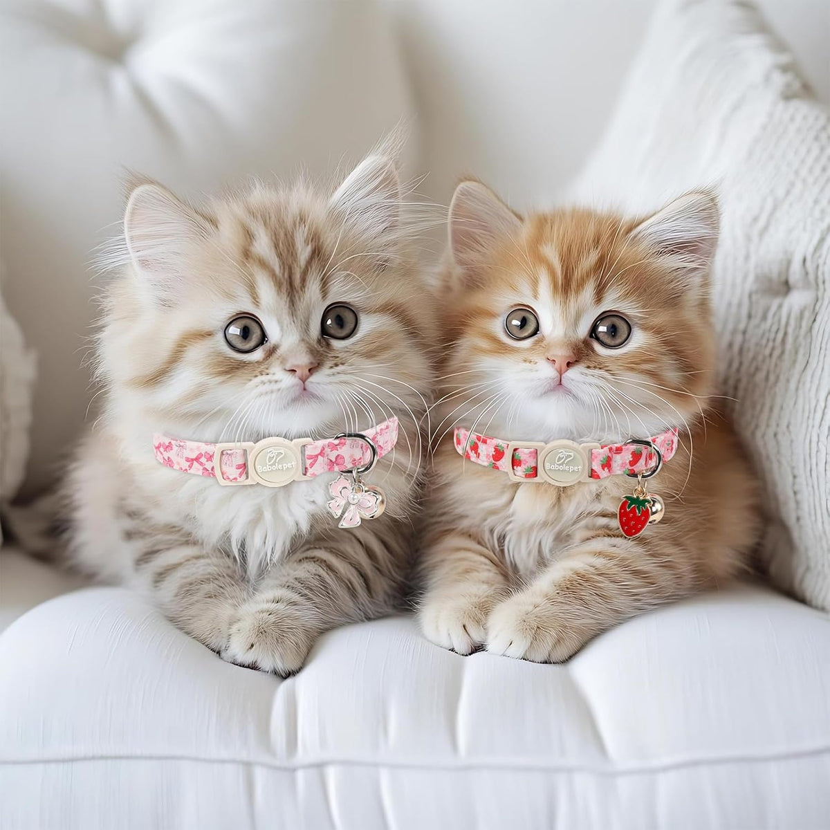 2 Pack Cute Cat Collars - Cartoon Bee Ladybug Breakaway Cat Collar with Bell & Matching Pendant - Pink Strawberry&Bow - image 2