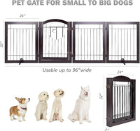 SPIRICH 96-inch Extra Wide 30-inches Tall Dog Gate with Door Walk Through, Freestanding Wire Pet Gate for The House, Doorway, Stairs, Pet Puppy Safety Fence, Support Feet Included(Espresso)