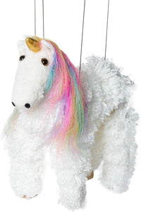 Artisan Owl white unicorn marionette puppet with rainbow yarn mane and tail - view 2