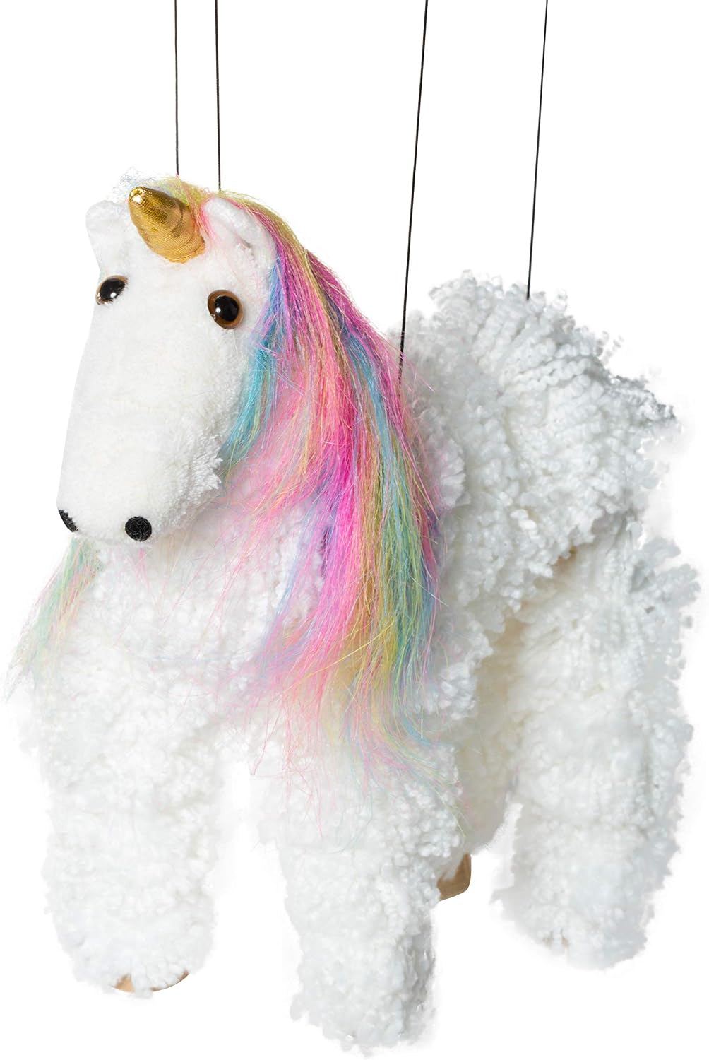 Artisan Owl white unicorn marionette puppet with rainbow yarn mane and tail - view 2