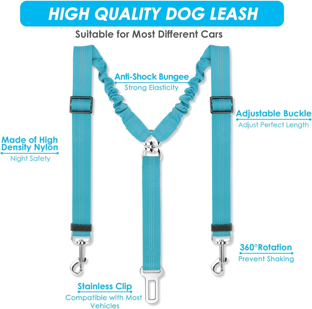 SlowTon Double Dog Seat Belt for Car with Elastic Bungee Buffer - C.Mint Blue / 2 Small in 1 - image 3