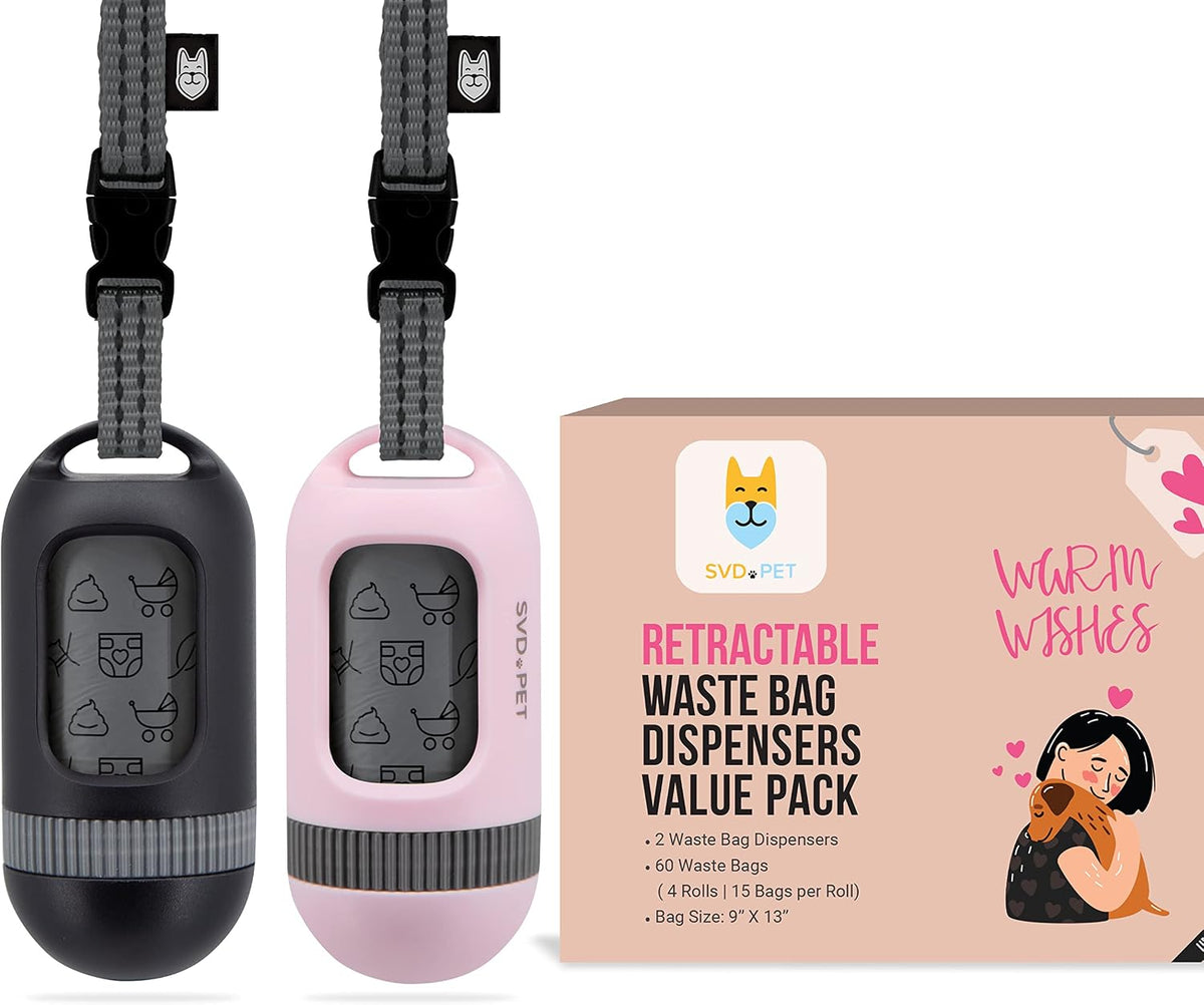 SVD.PET Dog Poop Bag Dispenser, Waste Bag Retractable, Black – Essentials for Dogs - 2-Pack -Black/Primrose Pink