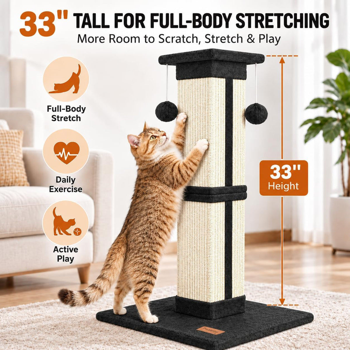 Cat Scratching Post 33 Inch for Indoor Cats - Black - image 2