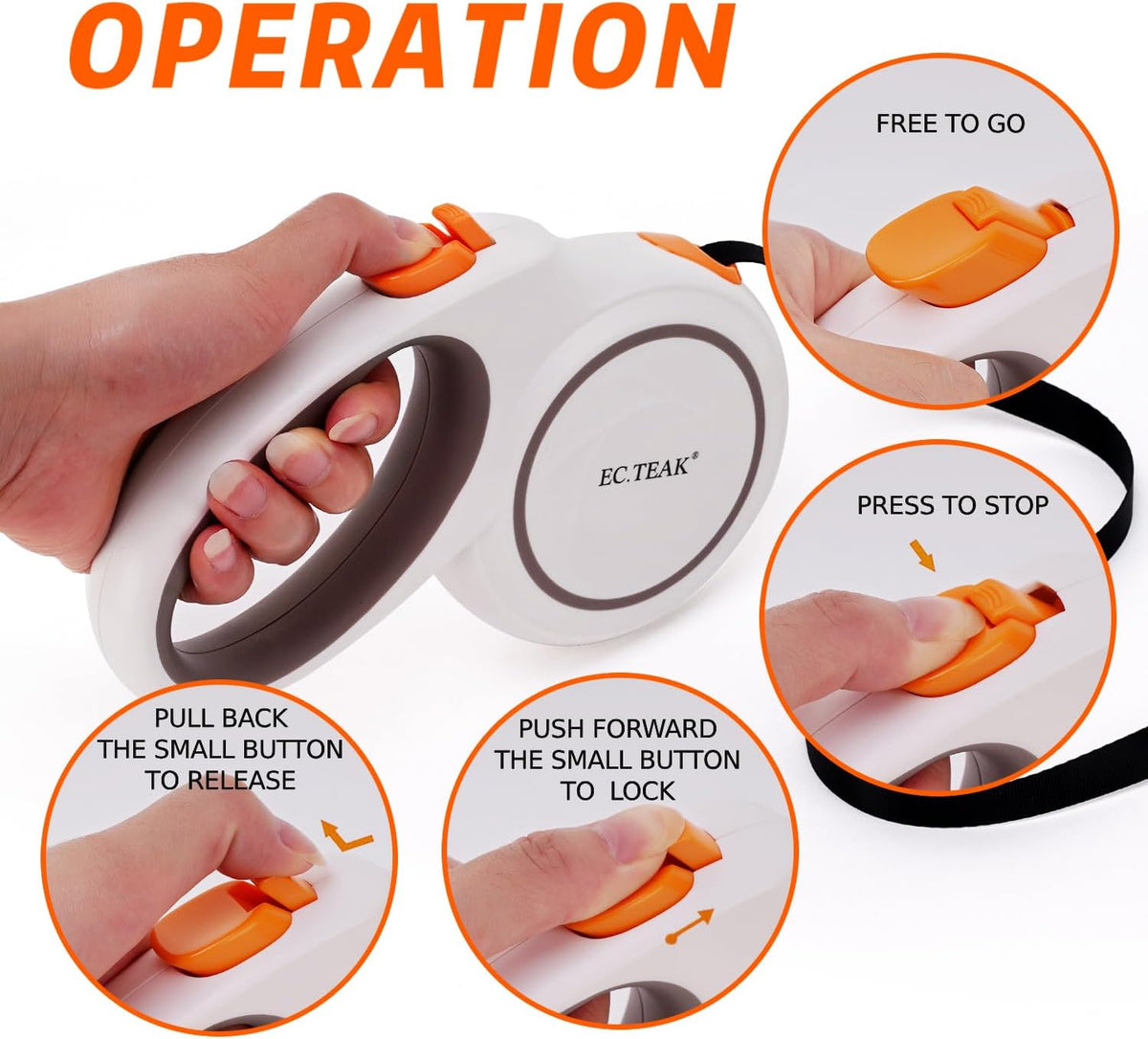 Retractable Dog Leash, Strong Nylon Tape, Tangle Free - White/Orange / Large - image 4