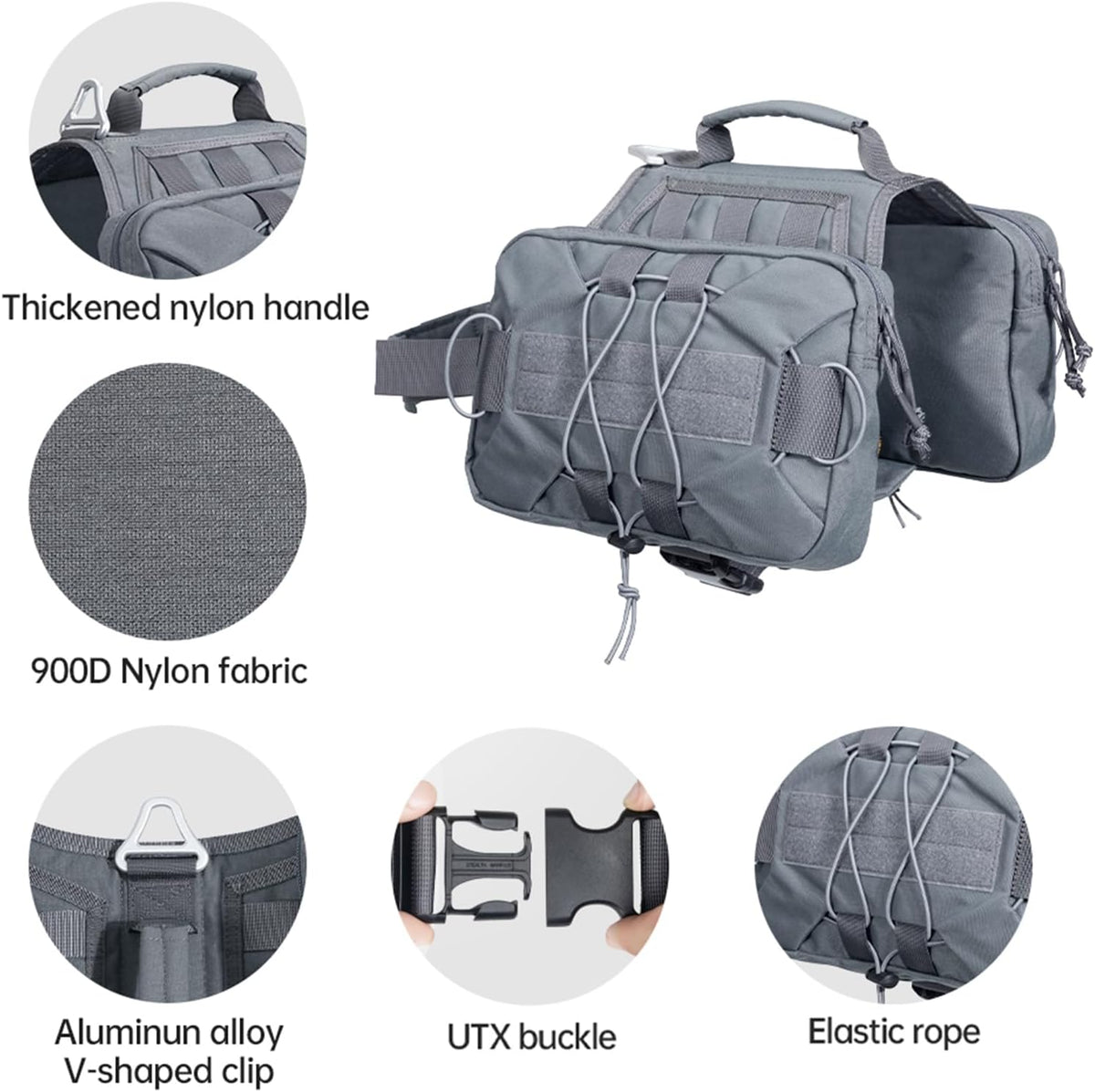 EXCELLENT ELITE SPANKER Nylon Dog Backpack with 2 Side Pockets - Grey / M-Chest 25.6-30" - image 2
