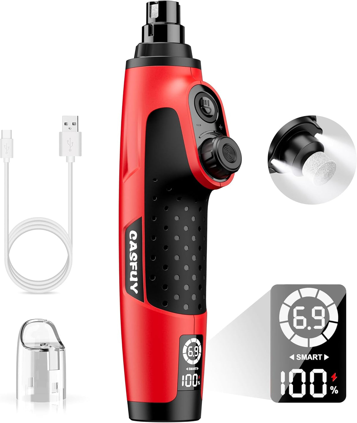 Casfuy Smart 6-Speed Dog Nail Grinder with LED Lights Safe - Red