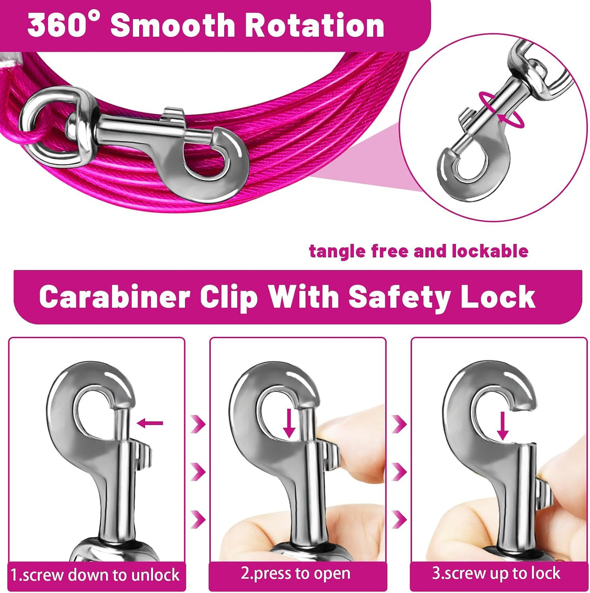 Dog Tie Out Cable, Dog Runner Cable – Essentials for Dogs - 15FT / Pink - image 2