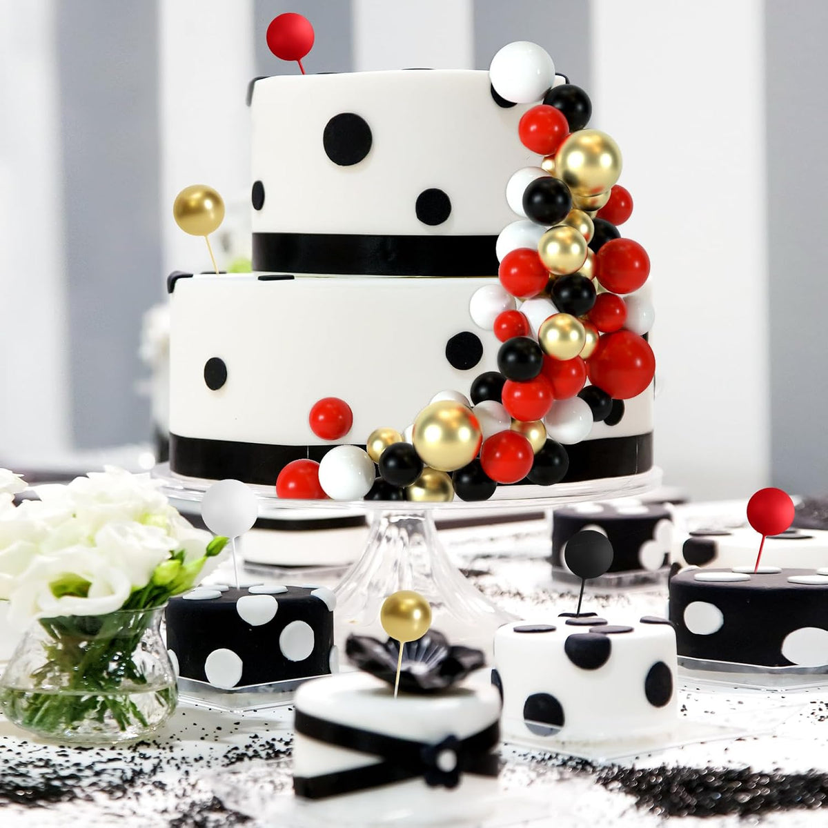 48 Pcs Balls Cake Topper Decorations Balloon Cupcake Toppers Foam - A06-black, Red, White, Gold - image 3