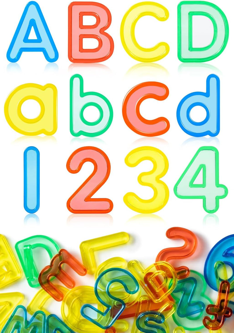 Odoorgames 78 translucent lowercase letters in 6 colors glowing on a light table