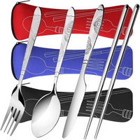 6 Pack Reusable Flatware Sets Knife, Fork, Spoon, Chopsticks, 24Pcs Portable Travel Stainless Steel Tableware Dinnerware with Carrying Case
