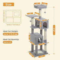 62-Inch Cat Tree for Indoor Cats, Large Cat Tower with Scratching Posts for Large Cats, 2 Bigger Plush Condos, Padded Platform, Soft Cat Bed and Scratching Pad, 2 Pompoms, Gray