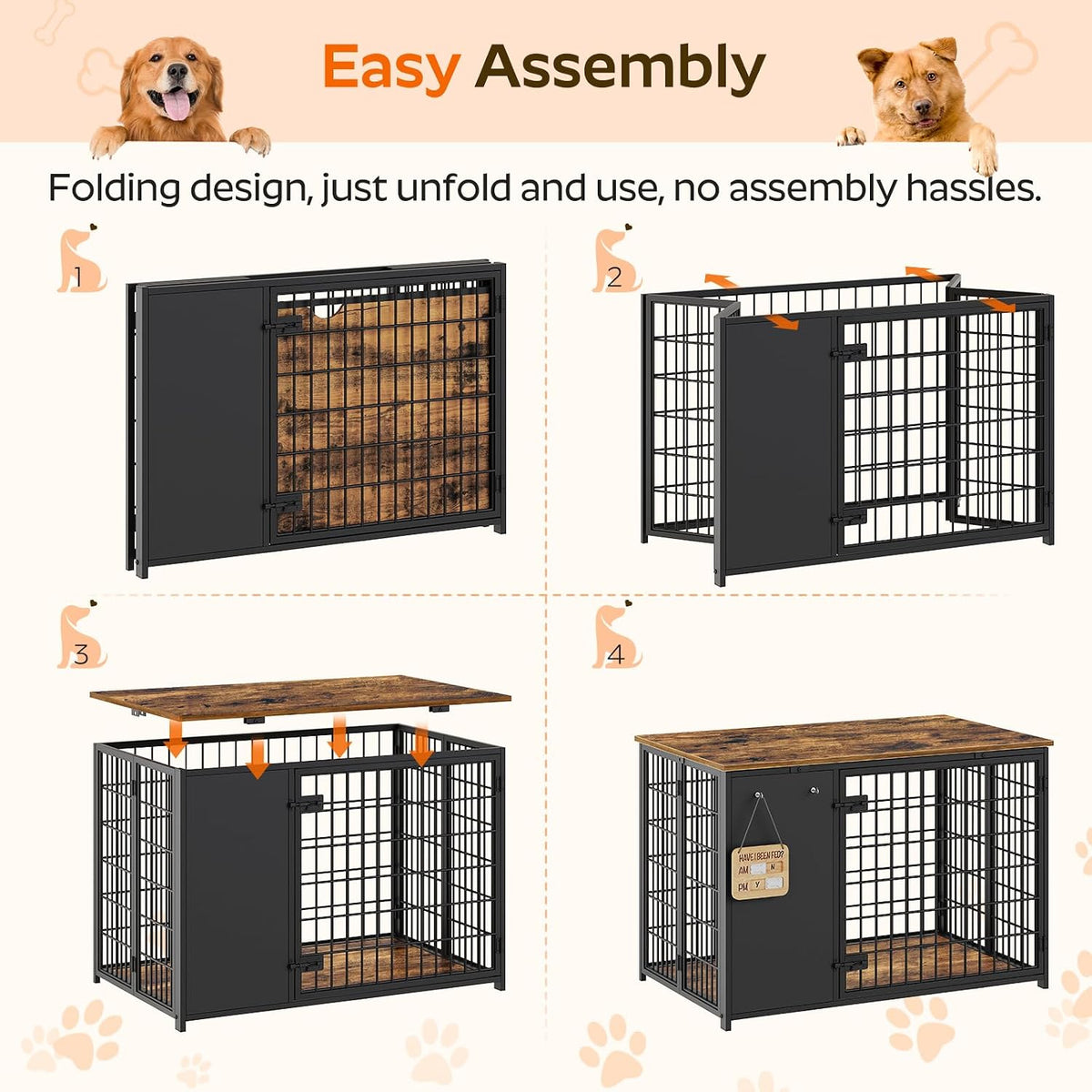 YATINEY Foldable Dog Crate Furniture, Dog Crate with DIY Frame - 37.4"L x 23.6"W x 26.0"H / Rustic Brown + Black - image 2