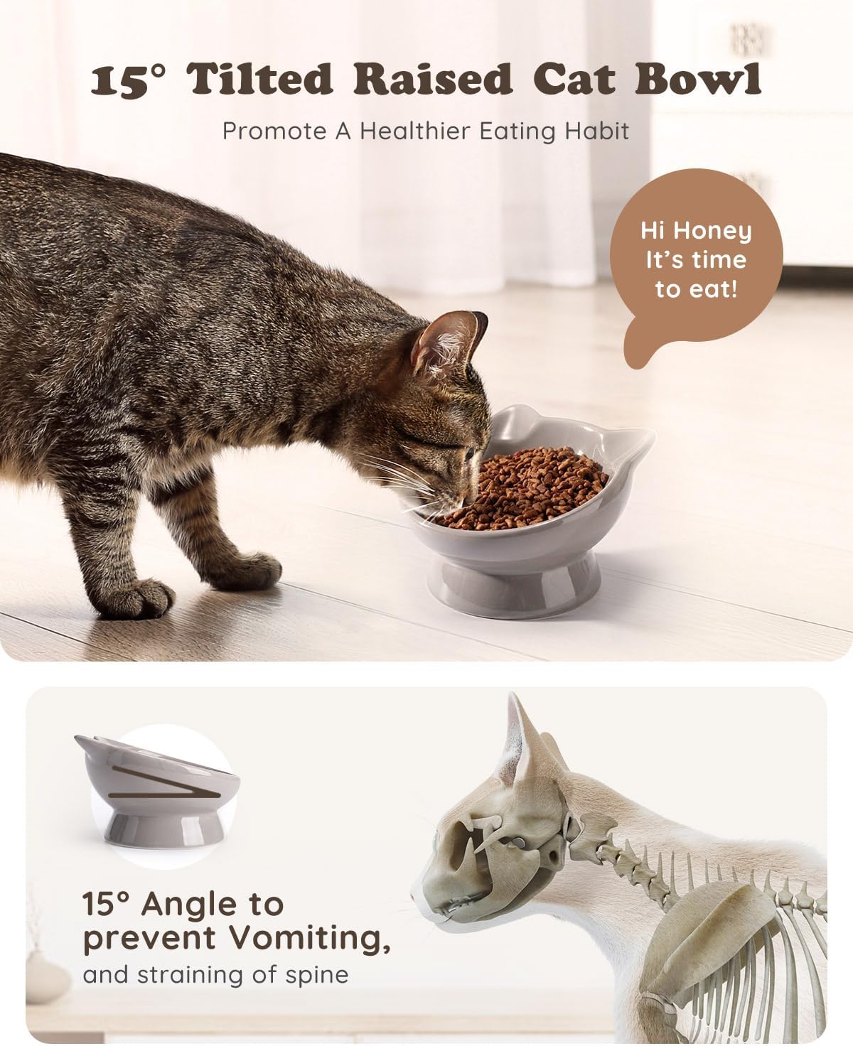 Raised Cat Food Bowl Ceramic 15° Tilted Cat Food Bowls Protect Cat's - FaceGrey-1P / 1 - image 3