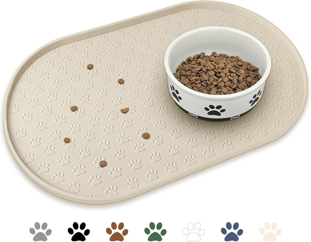 Dog Food Mat Spill-Proof Silicone Dog Bowl Mat Raised Edge Pet - Beige / 19"L x 12"W