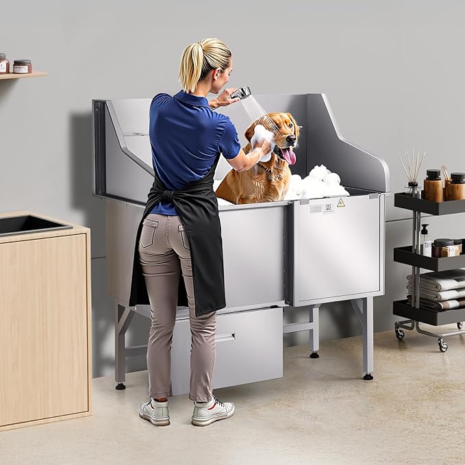 VEVOR Professional 304 Stainless Steel Dog Bathing Station, 50 inch Pet Grooming Tub w/Anti-Slip ramp, Storage Drawer, Cold Hot Faucet Showerhead, for Large & Medium & Small (Right Door, with Drawer)