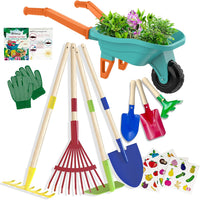 Qtioucp Kids Gardening Set with Wheelbarrow - Green