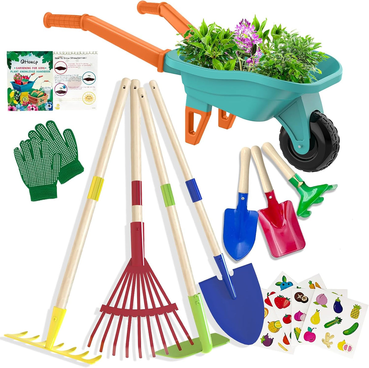 Qtioucp Kids Gardening Set with Wheelbarrow - Green