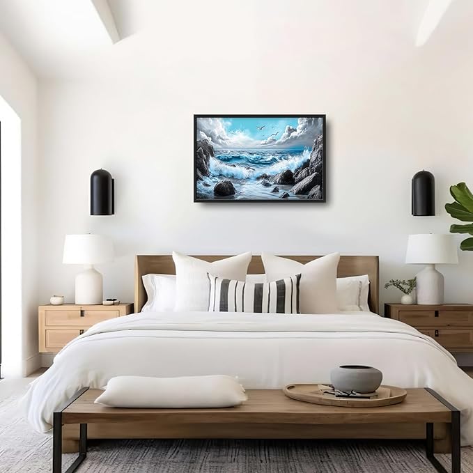 Extra Large Framed Abstract Sea Ocean Wall Art,Black and White Wall Decor, Coastal Seashore Pictures for Living Room,Canvas Print Painting Modern Artwork Bedroom Office Bathroom 36L x 24W