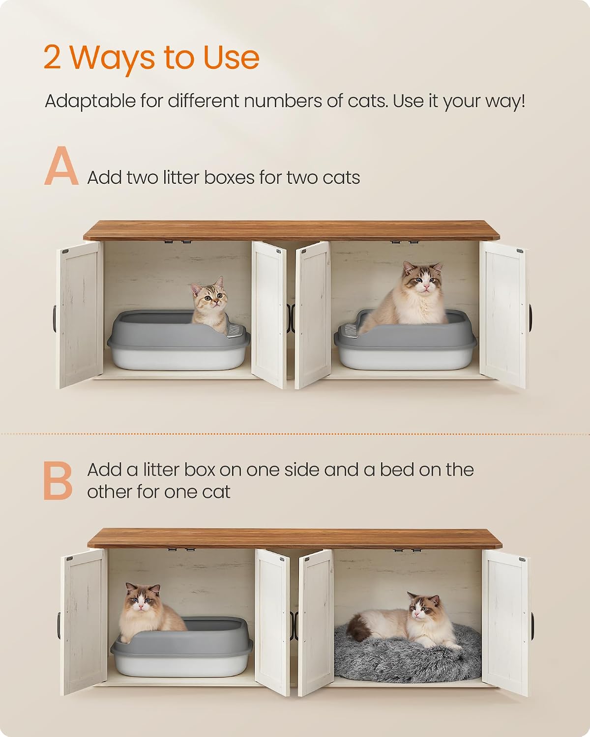 Feandrea Double Cat Litter Box Enclosure for 2 Cats, Front Entry – Essentials for Cats - Honey Brown + Rustic White / XXL (59"L x 19"W x 19.5"H) - image 3