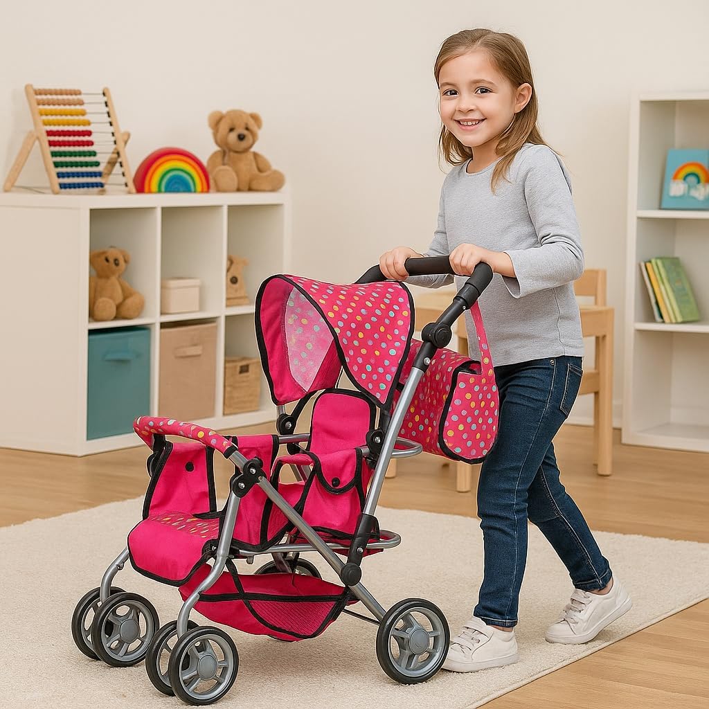 Exquisite Buggy, Twin Doll Stroller with Diaper Bag and Swivel Wheels & Adjustable Handle - Pink - Pink - image 3