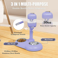 Dog Bowls with Puppy Weaning Bottles,3 in 1 Bowl Set with Water Dispenser and 2 Food Grade Stainless Steel Dog Bowls,15°Tilted Cat Food and Water Bowl Set for Cats,Bunnies,Ferrets