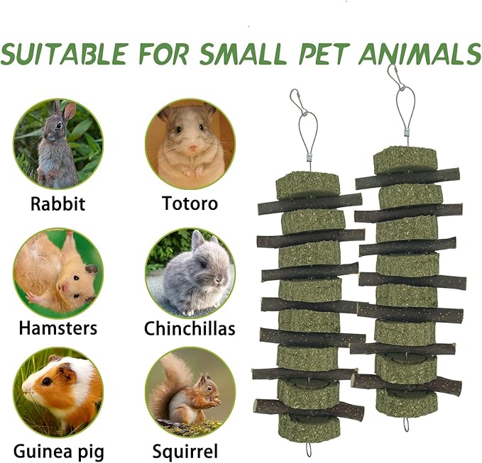 Rabbit Chew Toys for Teeth Grinding Bunny Treats 100% Natural Wood Timothy Grass Treats for Guinea Pigs Chinchillas Hamsters 2pcs