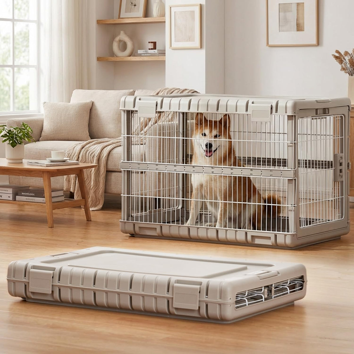 28" L Collapsible Dog Crate for Dogs - Beige / 36.42 x 24.2 x 26 in