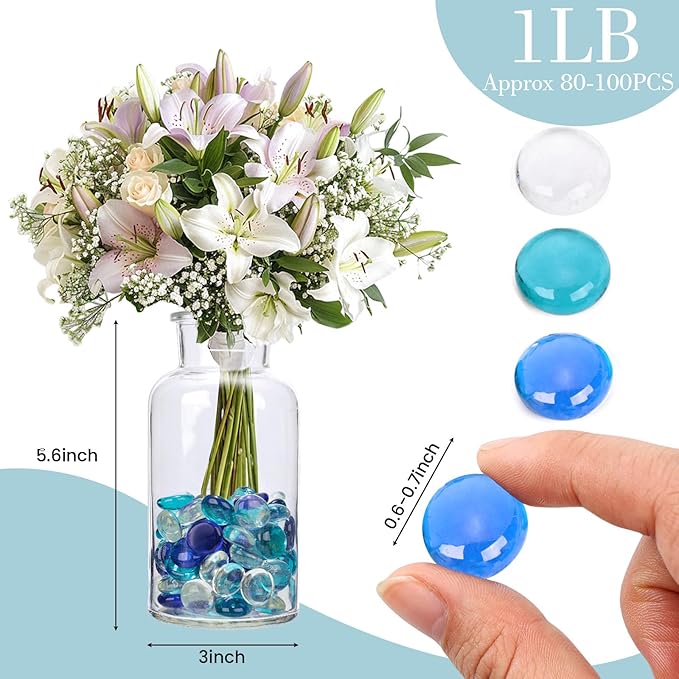 FUTUREPLUSX 0.97 pounds, Flat Glass Marbles, Blue Mixed Gemstone Vase Fillers Beads Decorative Glass Pebbles Floral Fish Tank Rocks for Vases Table Scatter Aquarium Decor