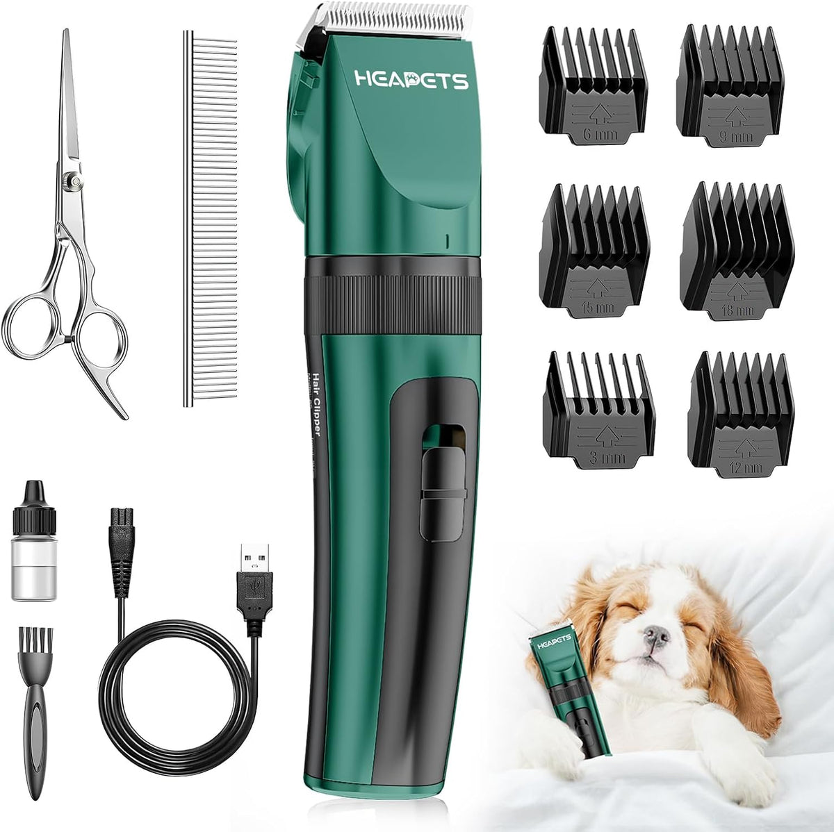 HEAPETS Dog Grooming Clippers, Low Noise, Electric Quiet - Green