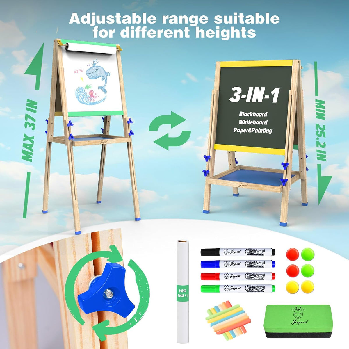 JOYOOSS Easel for Kids Art Easel Toddlers Easels With Paper Roll – Fun for Kids & Family - Green yellow - image 2