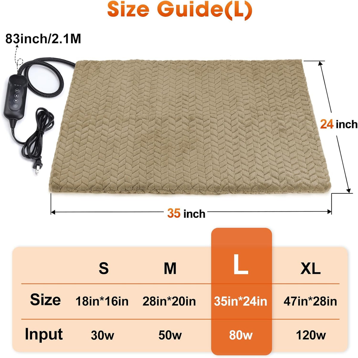 Heated Cat Bed, Waterproof Cat Heating Pad with Timer Temperature Adjustable, Indoor Heated - Brown / Large(35"x24") - image 2
