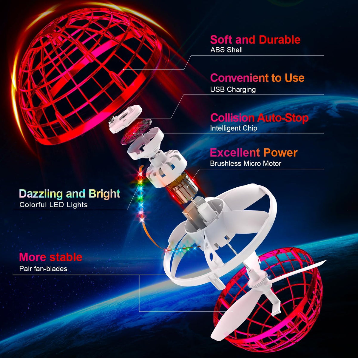 Ivtivfu Flying Orb Ball with Dazzling Lights - Red - image 4