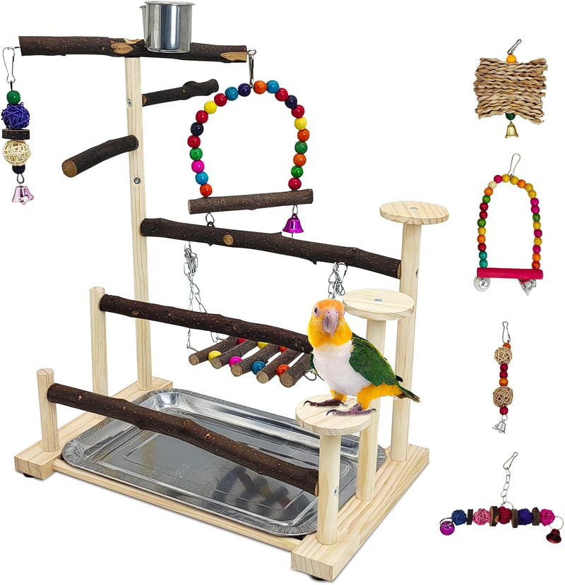 PINVNBY Bird Playground Parrot Playstand Birds Play Stand Wood - Three Floors With Chew Toys