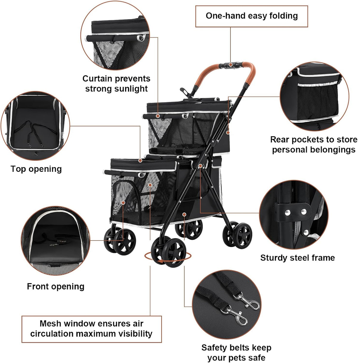 Double Pet Stroller for 2 Dogs & Cats, Double-Decker, Blue – Essentials for Dogs - Black - image 4