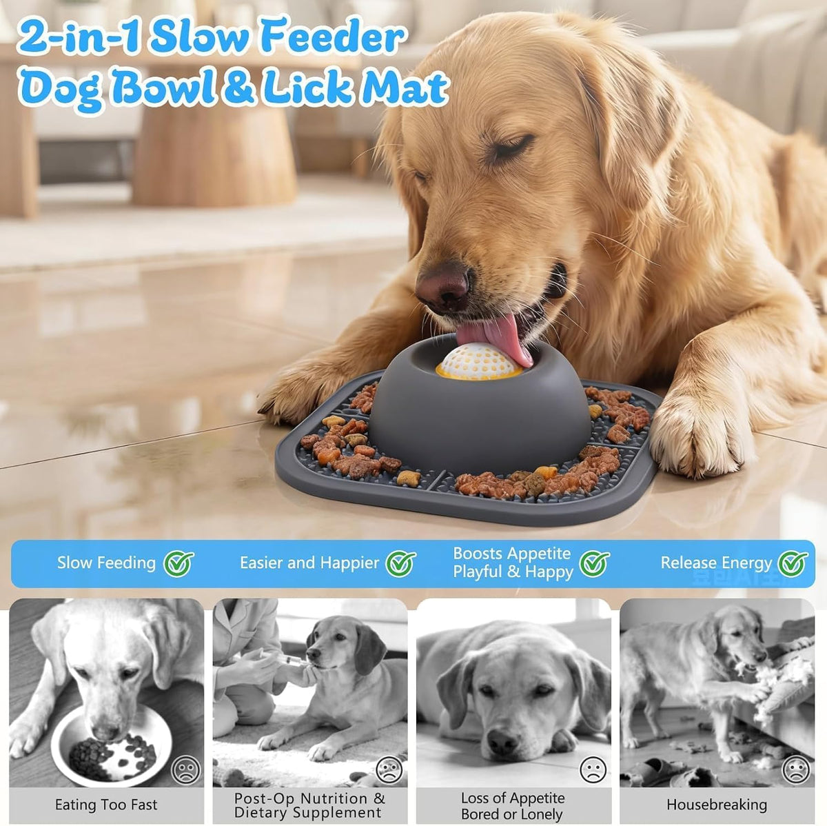 Slow Feeder Dog Bowls & Lick Mat for Liquid and Thick Treat - Medium / Gray - image 2