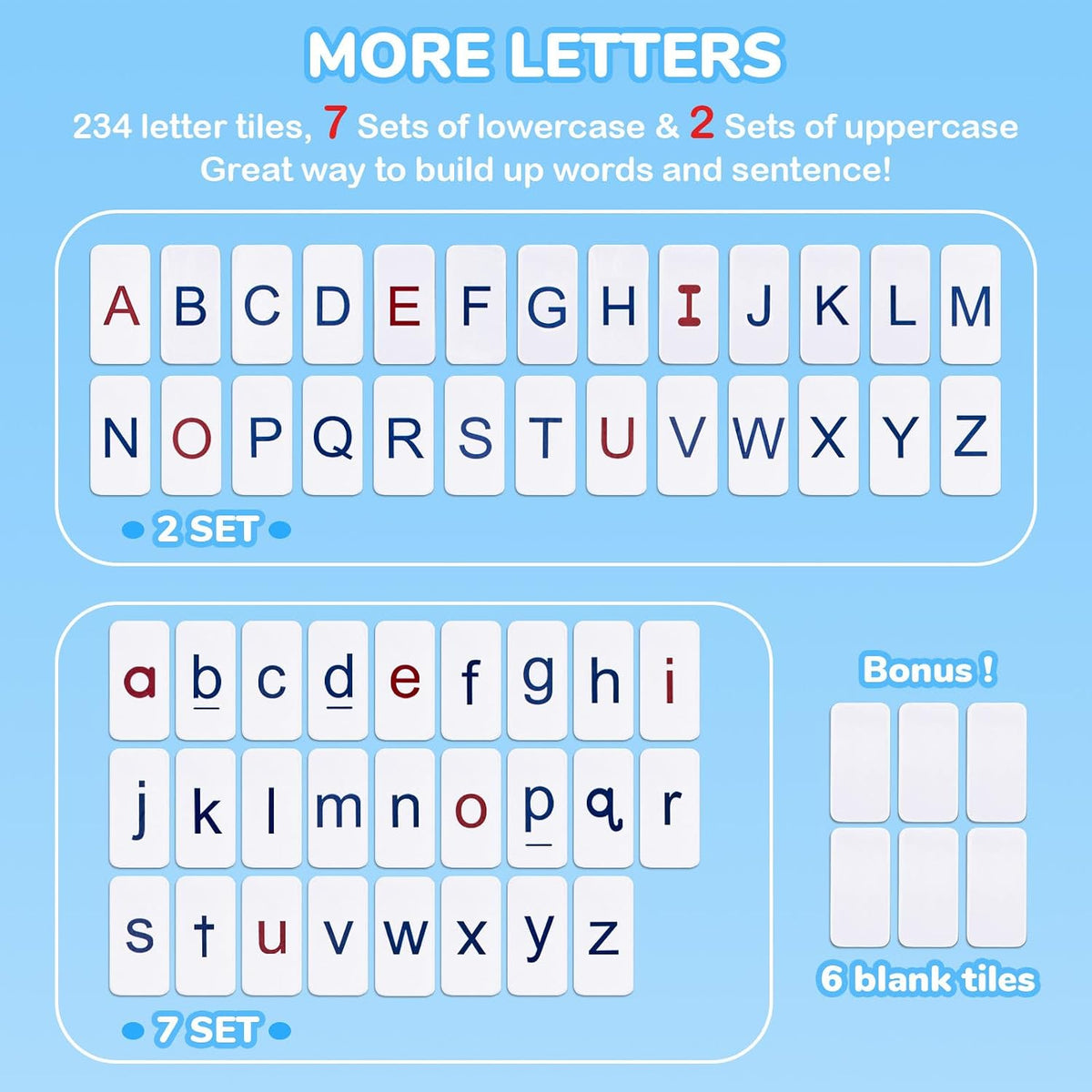 JoyCat magnetic letter tiles with red vowels, blue consonants, dry erase board and storage case - view 2