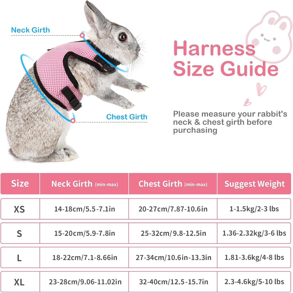 PETTOM Bunny Rabbit Guinea Pig Harness Stretchy Elastic Leash Cute - XL(Chest:12.5-15.7 in) / Pink - image 4