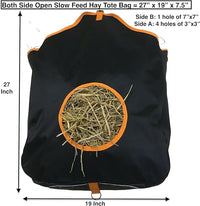 Majestic Ally Nylon Hay Feeder Tote Bag for Horse, Goat, Sheep - Double Sides Open Feed Hole with Faux Leather Ventilated Bottom- Premium Quality -Simulates Grazing - Reduces Waste (Black)